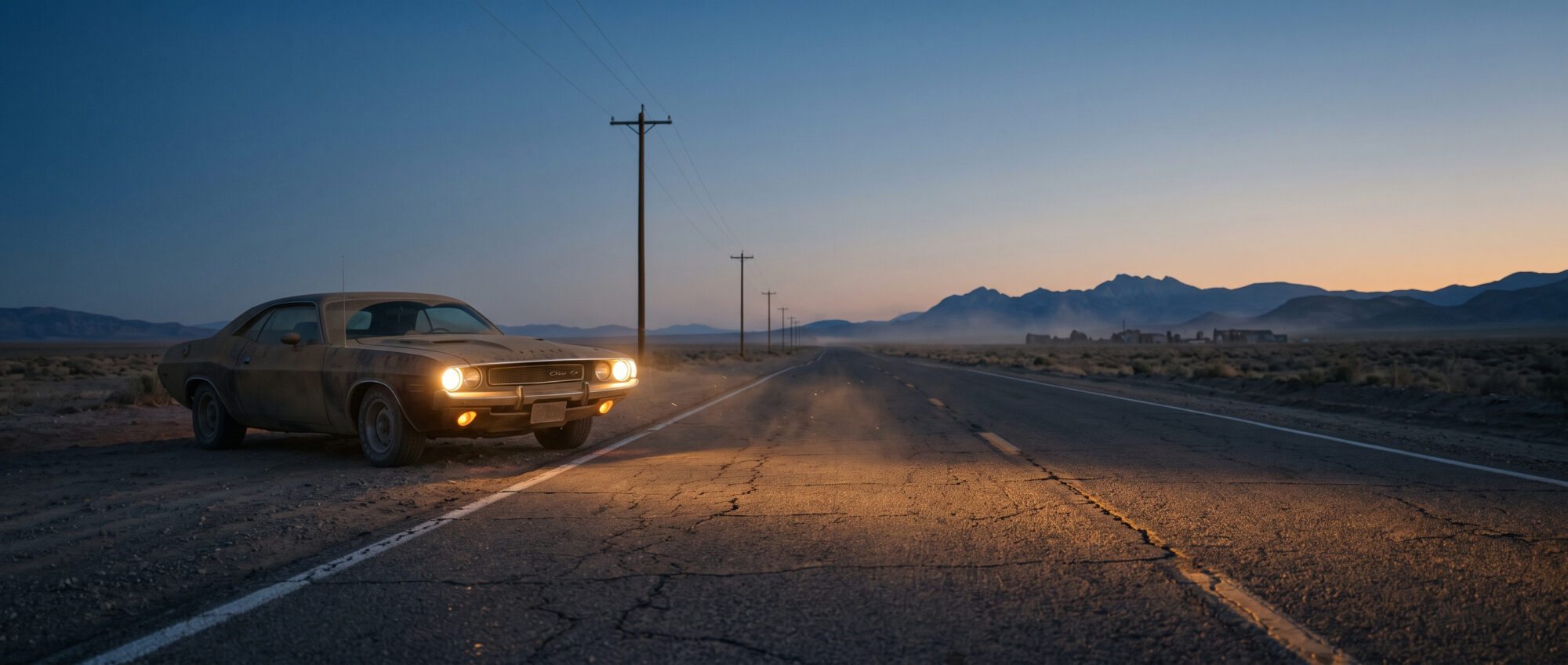Highway Lantern desert rock artist cover featuring a classic car driving through a vast desert landscape at sunset.