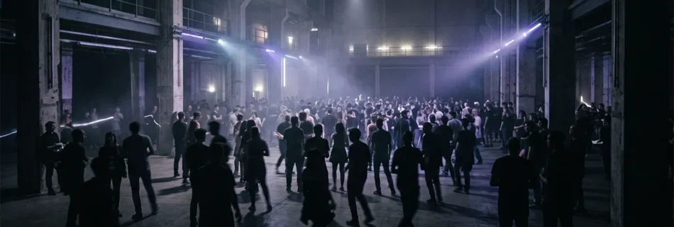 Electronic music crowd in an atmospheric underground venue representing electronic music trends in 2026
