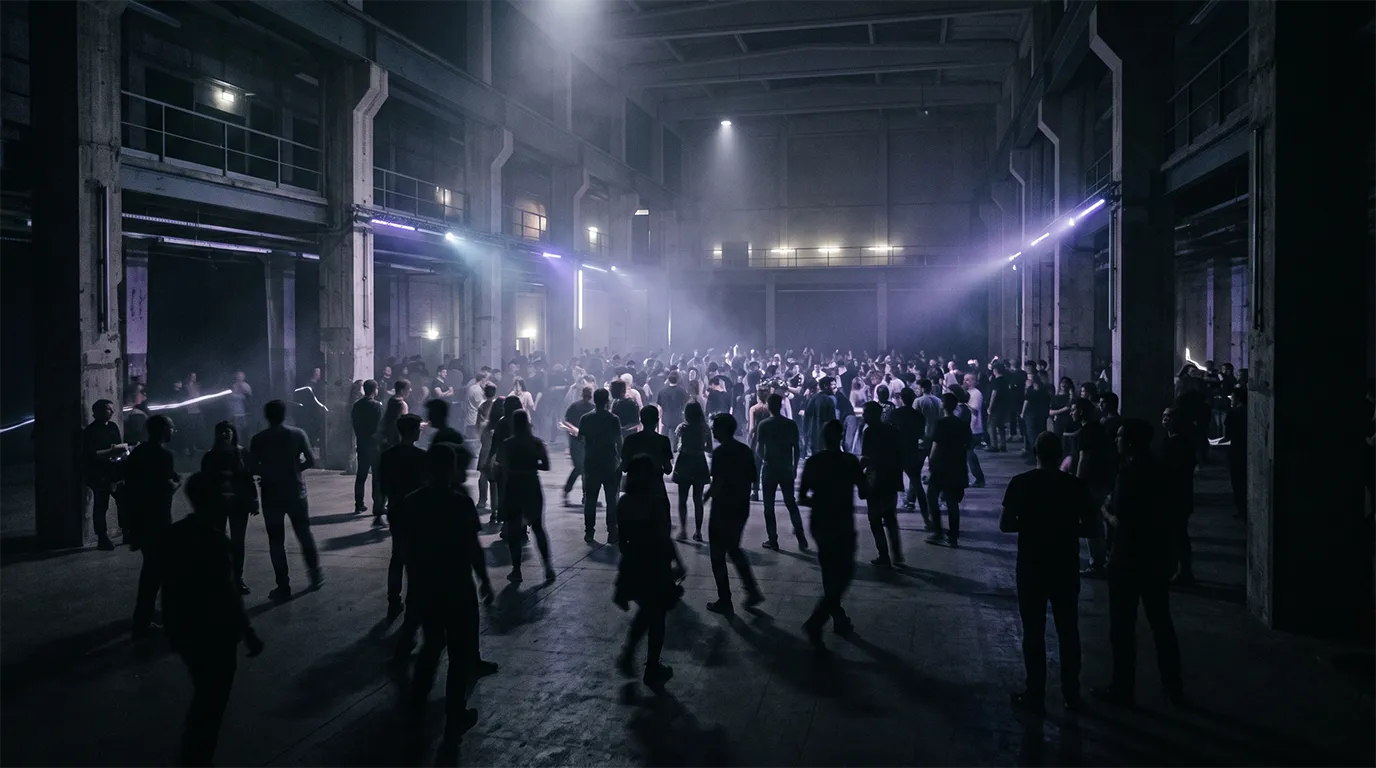 Electronic music crowd in an atmospheric underground venue representing electronic music trends in 2026