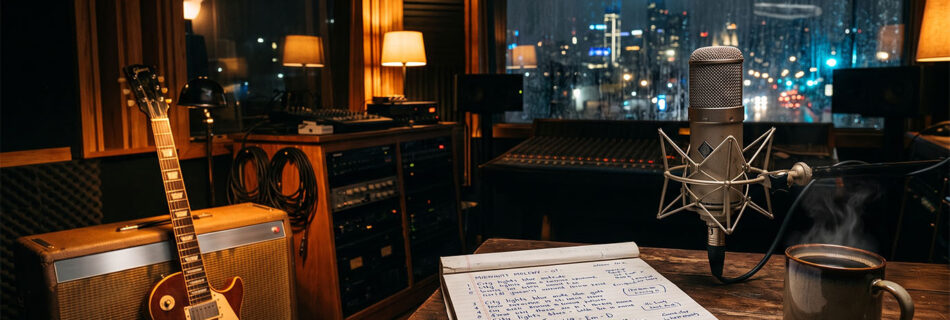 Professional recording studio with a guitar, studio microphone, handwritten song lyrics, and a city skyline at night, representing the creative process behind independent music.