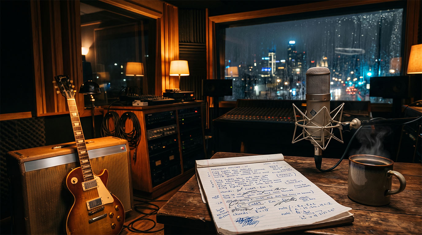 Professional recording studio with a guitar, studio microphone, handwritten song lyrics, and a city skyline at night, representing the creative process behind independent music.