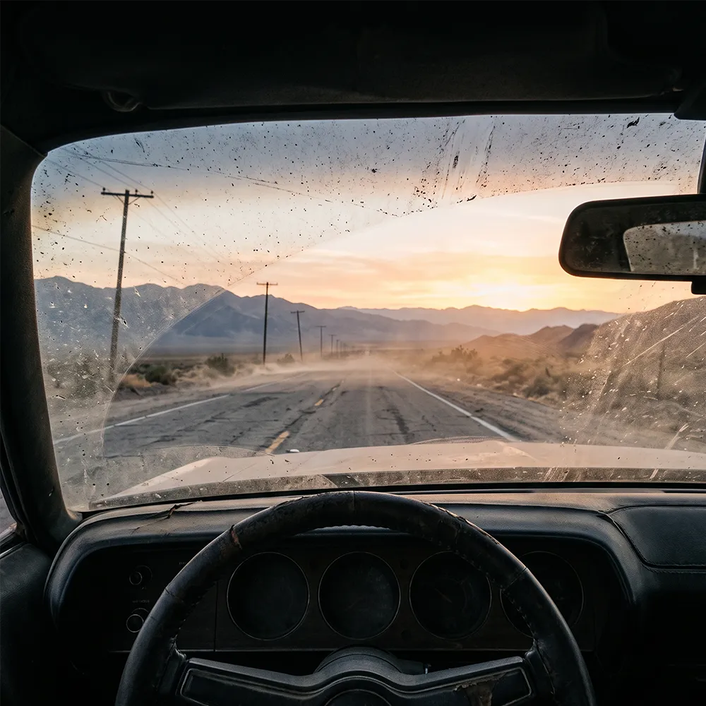 Dusty desert highway at sunset for Highway Lantern's Dust Never Sleeps