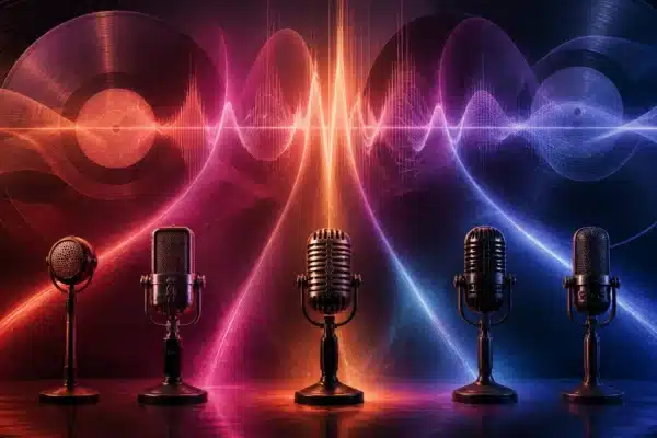 Five vintage microphones connected by colorful waves of sound across generations