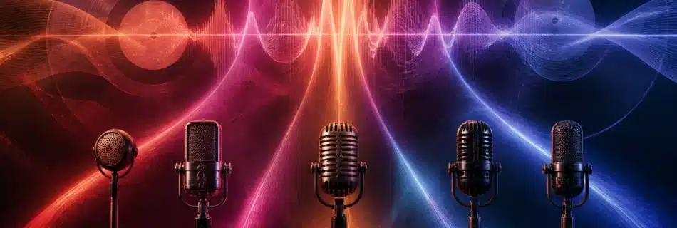 Five vintage microphones connected by colorful waves of sound across generations