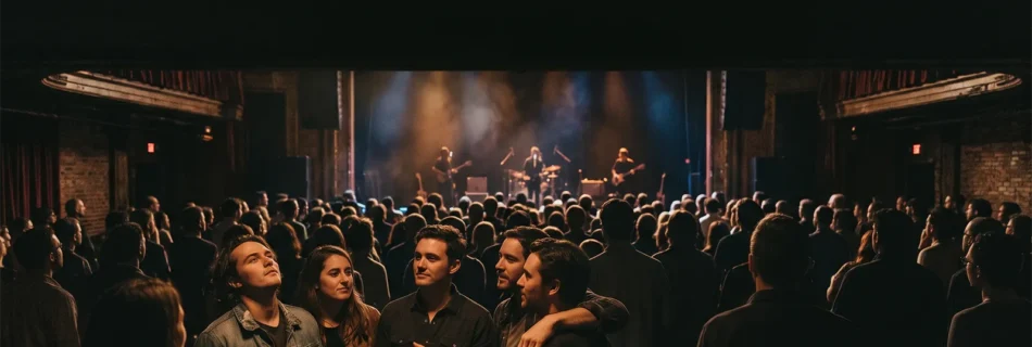 Engaged music fans at an intimate live concert surrounded by a larger audience.