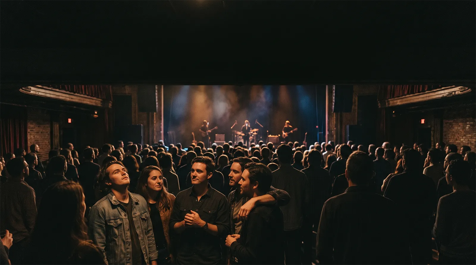 Engaged music fans at an intimate live concert surrounded by a larger audience.