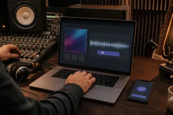 Independent musician selling a track directly to fans from a home recording studio
