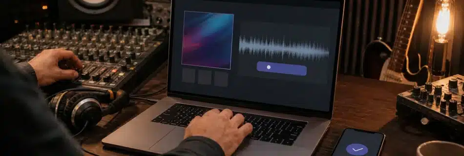 Independent musician selling a track directly to fans from a home recording studio