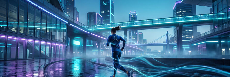 Runner moving through a futuristic neon-lit city at night, representing the rhythm, focus, and endurance of Tempo Syndicate's single Locked in the Groove (130 BPM Running Mix)