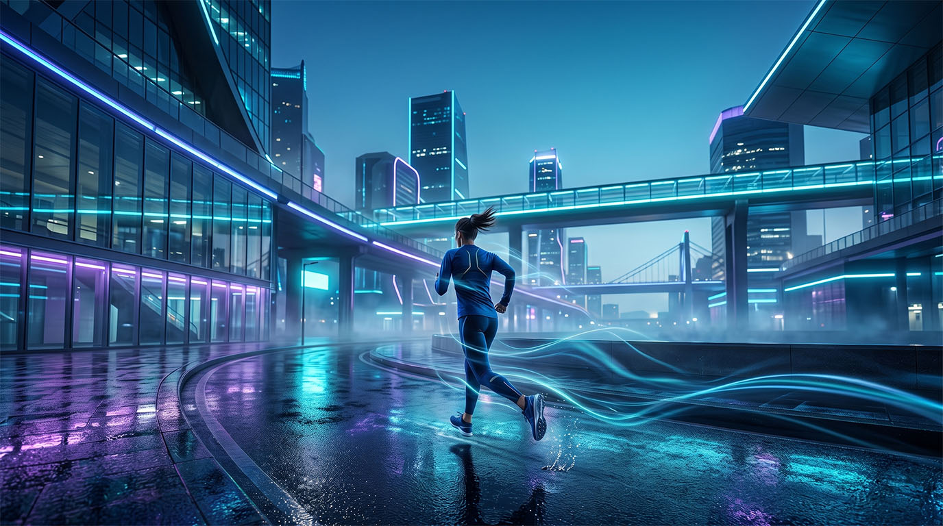 Runner moving through a futuristic neon-lit city at night, representing the rhythm, focus, and endurance of Tempo Syndicate's single Locked in the Groove (130 BPM Running Mix)