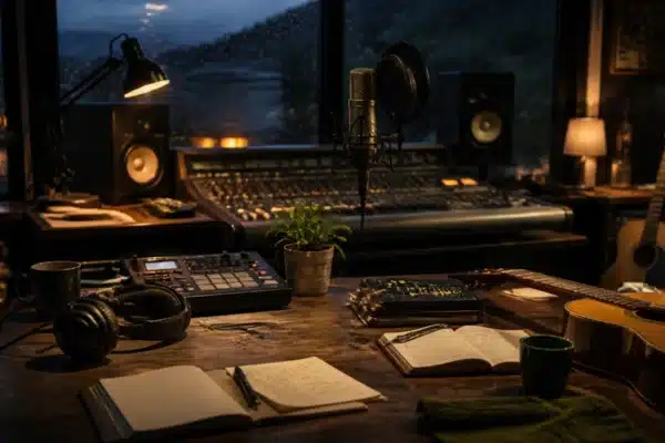 Shared recording studio table with a beat sampler, acoustic guitar, microphones and songwriting notebooks