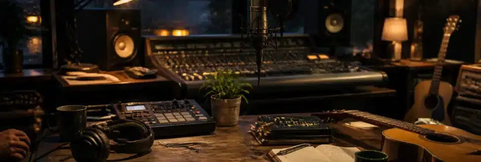 Shared recording studio table with a beat sampler, acoustic guitar, microphones and songwriting notebooks
