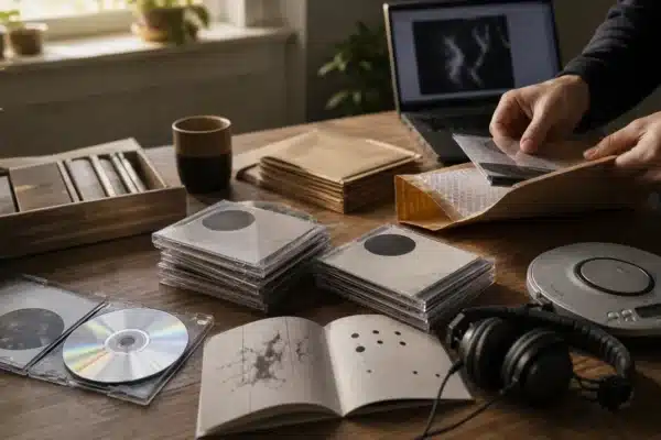 Independent label packing compact discs, booklets and mailers on a warm wooden studio table