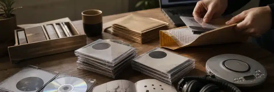 Independent label packing compact discs, booklets and mailers on a warm wooden studio table