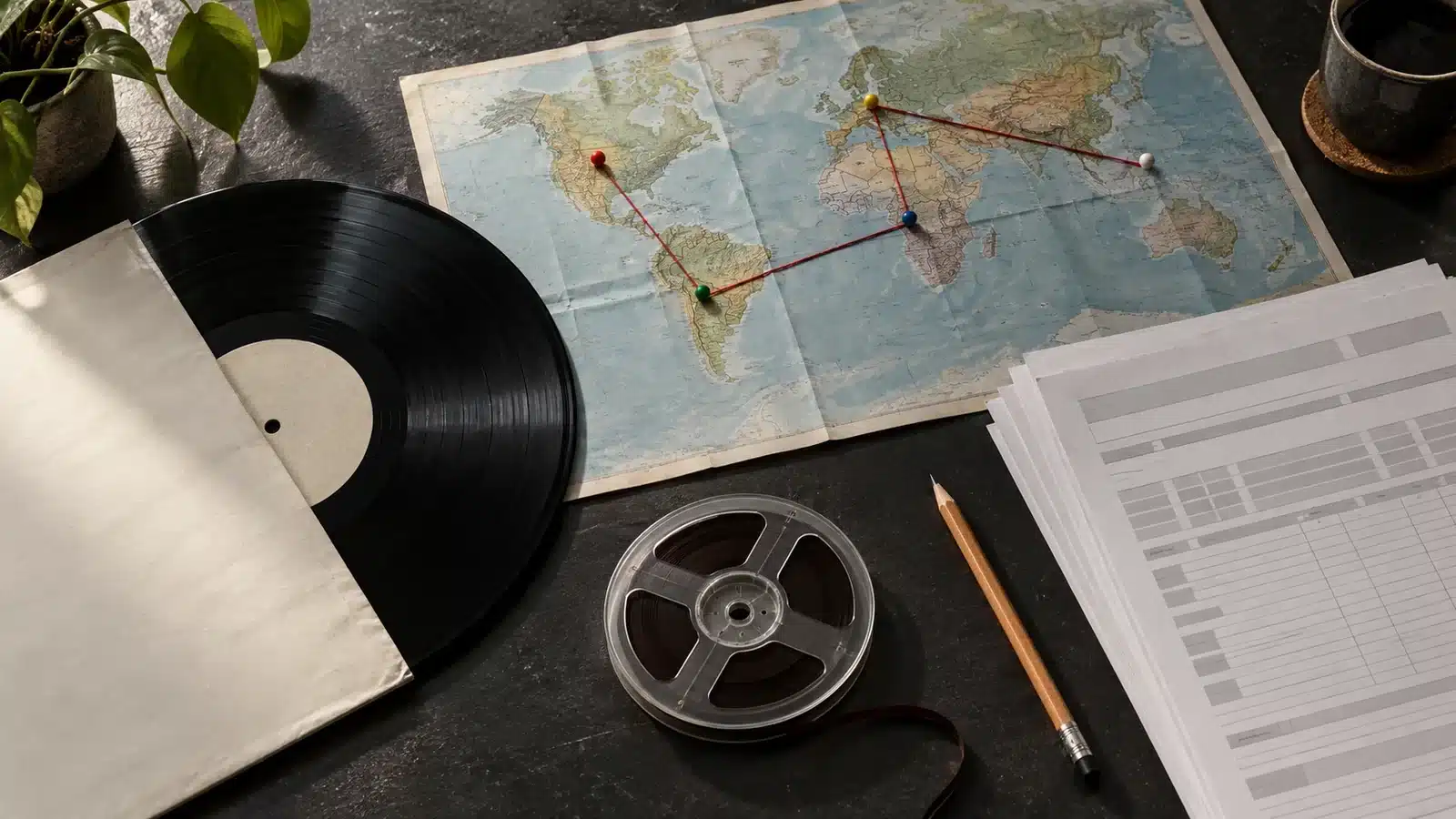 Vinyl record, recording tape and royalty paperwork beside a world map connected with red route thread