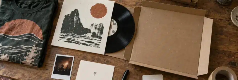 Independent label packing a vinyl record, T-shirt, show photo and thank-you card into a cardboard fan order