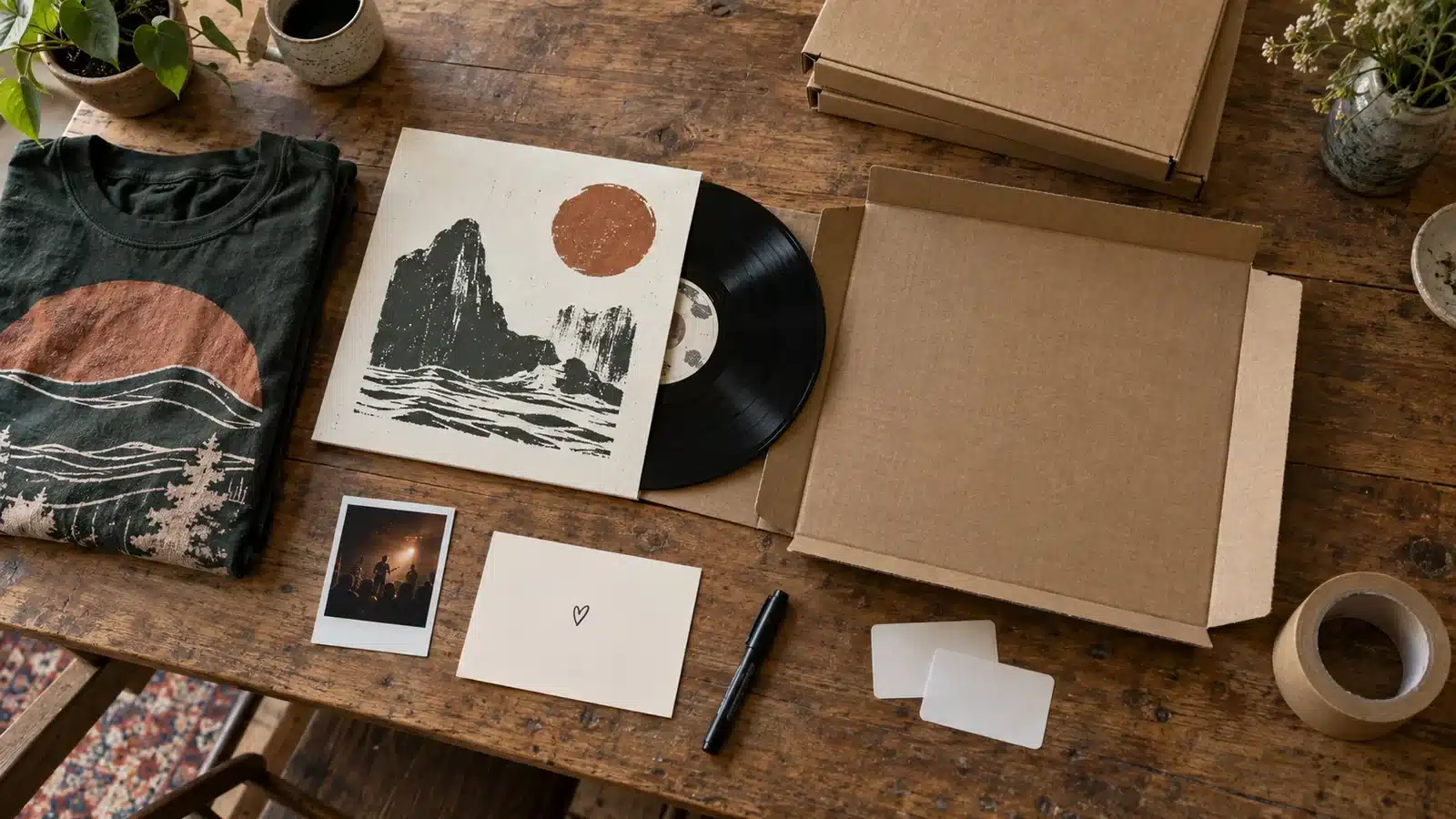 Independent label packing a vinyl record, T-shirt, show photo and thank-you card into a cardboard fan order