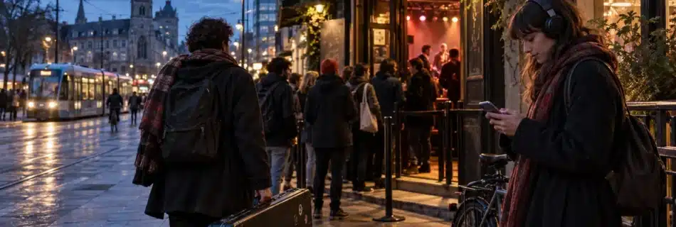An independent musician and a headphone-wearing listener outside a small European music venue at dusk