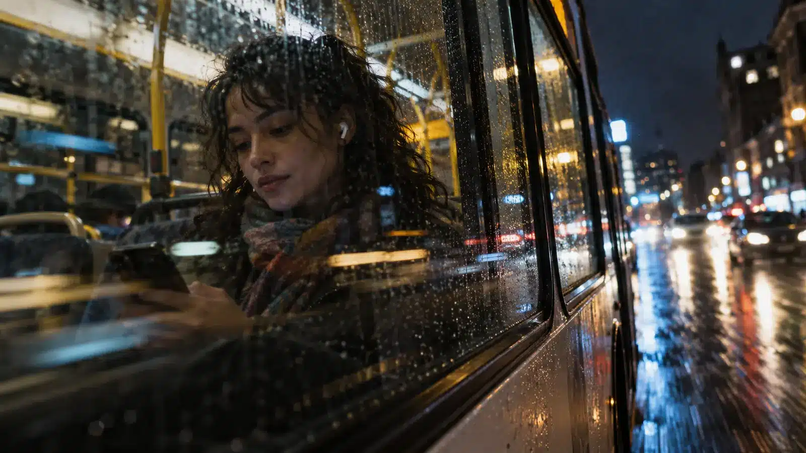 A listener with wireless earbuds checks music on a phone through a rain-streaked bus window at night