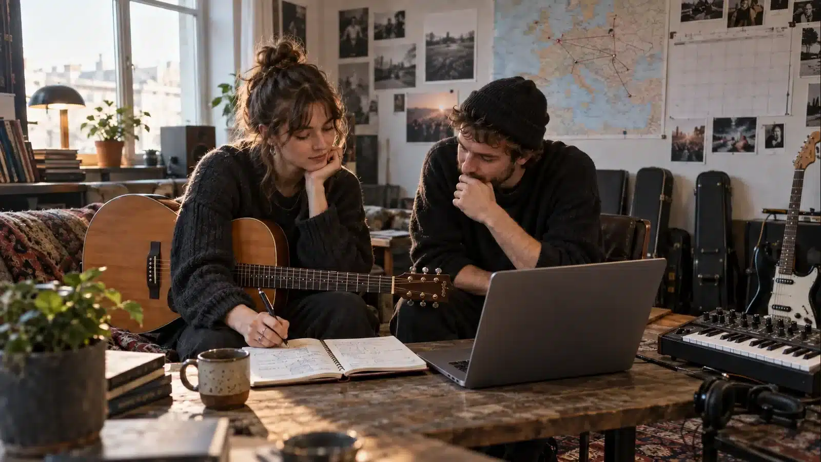 Two independent musicians planning their next career steps with a notebook and laptop in a small rehearsal studio