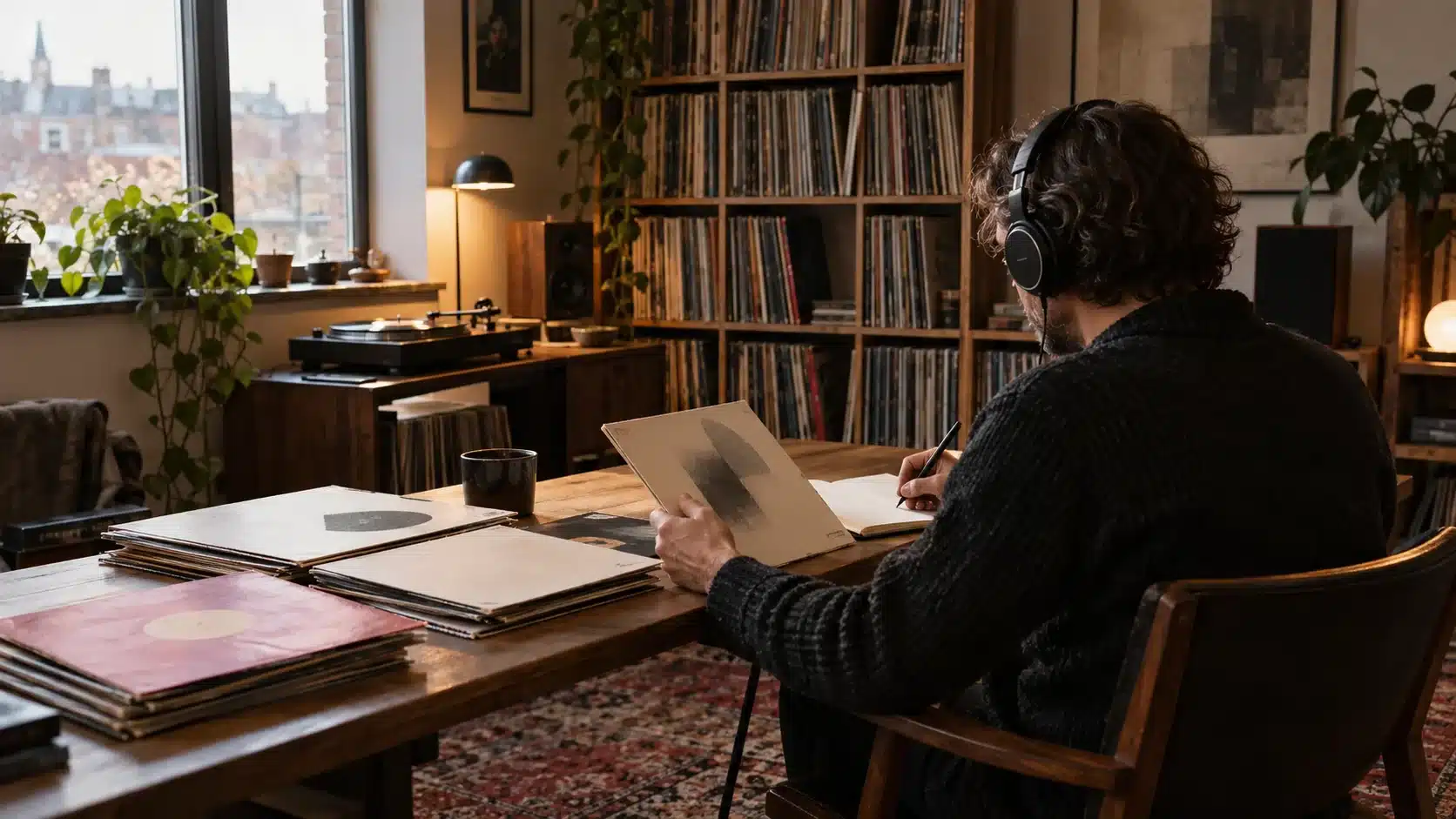 Music curator listening to records and taking notes in an independent label’s vinyl-lined room