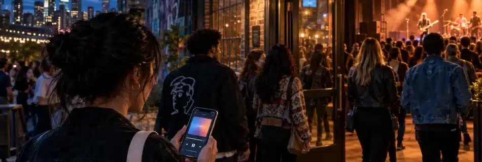 A listener holding a phone with abstract music artwork while entering a busy live venue at blue hour
