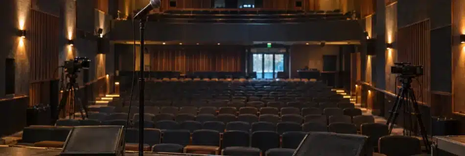 Empty intimate concert hall prepared for recording with a stage microphone, floor monitors and two professional cameras
