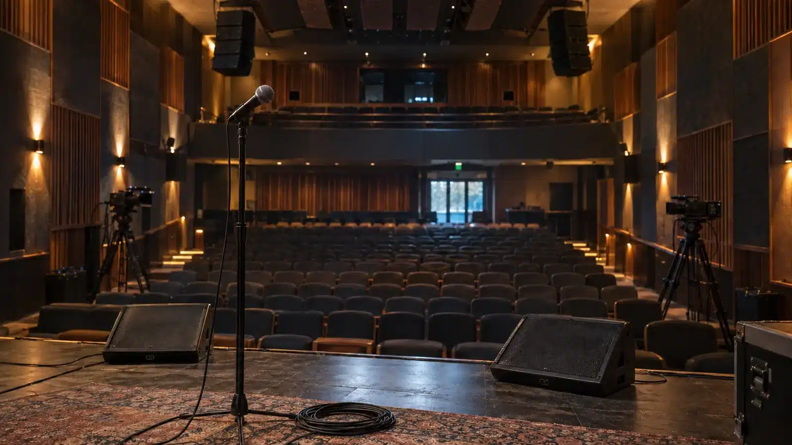 Empty intimate concert hall prepared for recording with a stage microphone, floor monitors and two professional cameras