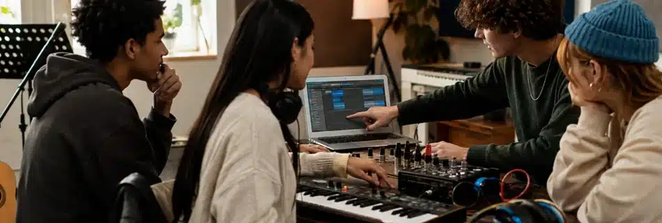 Young music students collaborating with a laptop, MIDI keyboard, mixer and acoustic guitar in a modern classroom studio