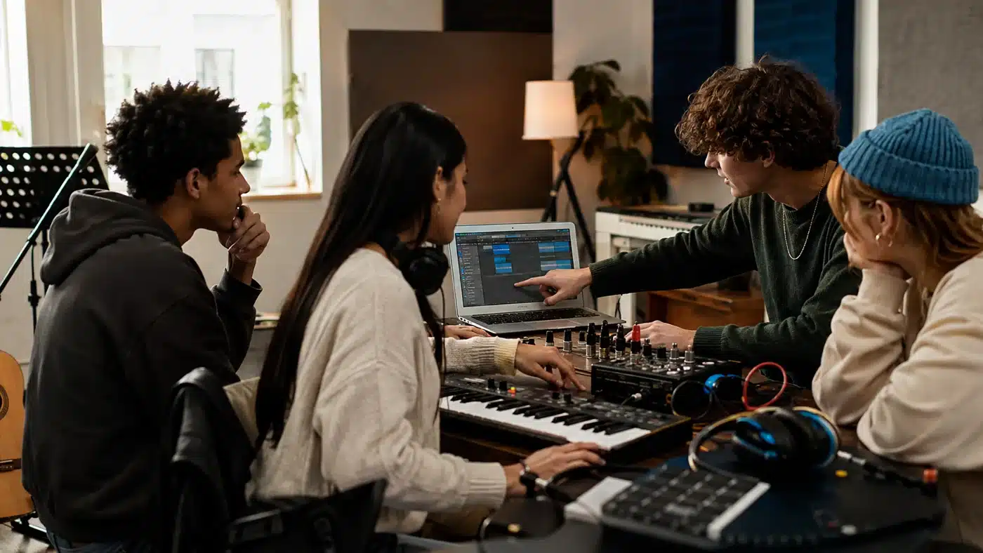 Young music students collaborating with a laptop, MIDI keyboard, mixer and acoustic guitar in a modern classroom studio