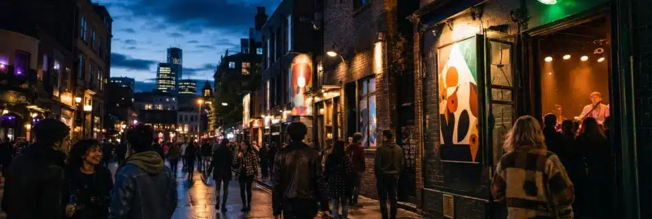 Music fans and an emerging artist carrying a guitar case outside independent venues on a city street at night