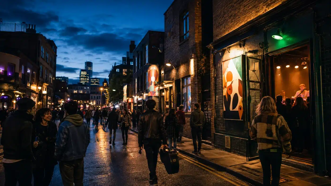 Music fans and an emerging artist carrying a guitar case outside independent venues on a city street at night