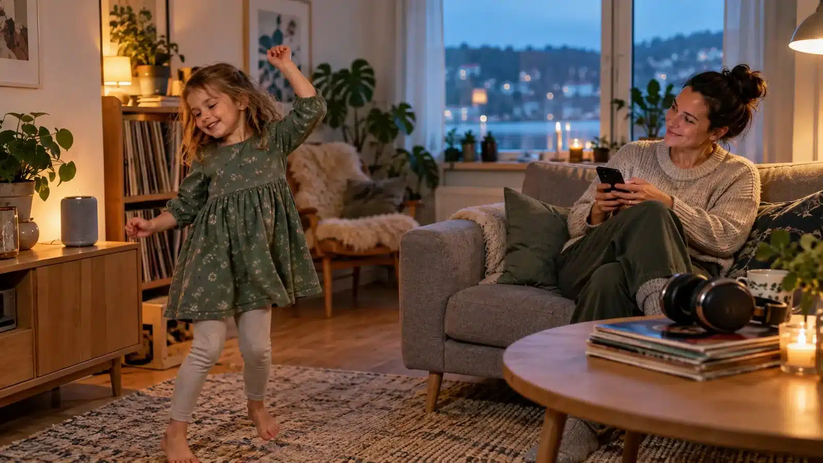 A child dancing to music from a home speaker while a parent chooses songs in a warm Scandinavian living room