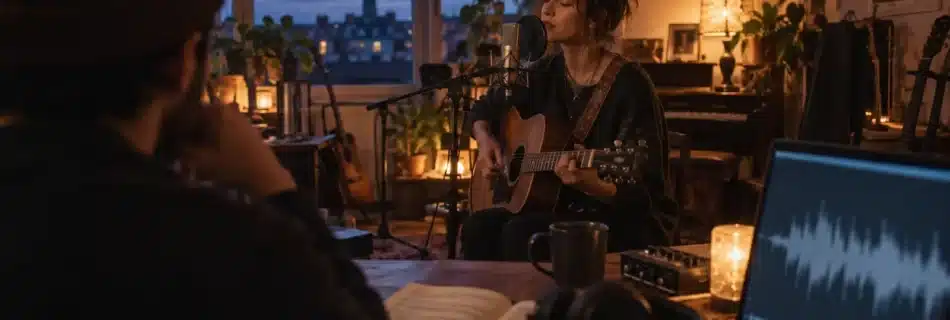 An independent singer performing in a warm home studio while a listener follows the lyrics beside headphones and a laptop