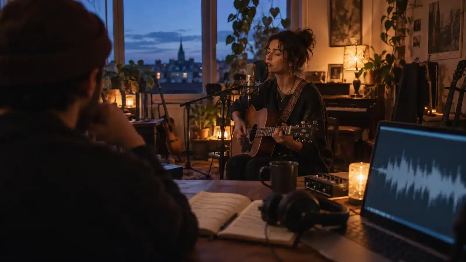An independent singer performing in a warm home studio while a listener follows the lyrics beside headphones and a laptop