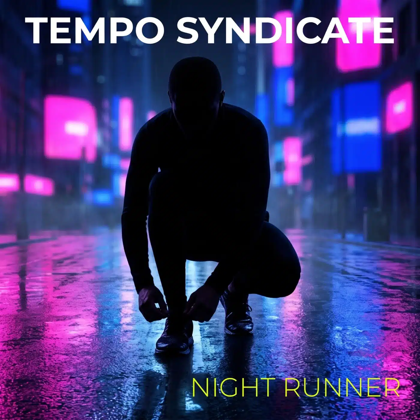 Night Runner album cover showing a runner tying a shoe on a neon-lit street at night
