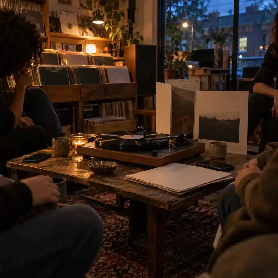 A small group gathers around a turntable for an evening album listening session in an independent record shop