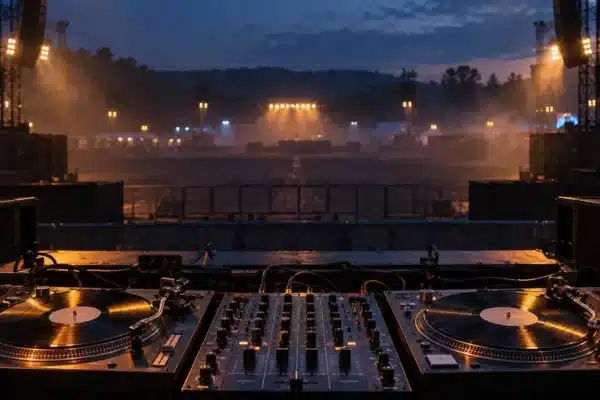 Two turntables and a DJ mixer facing an empty festival stage in blue and amber evening light