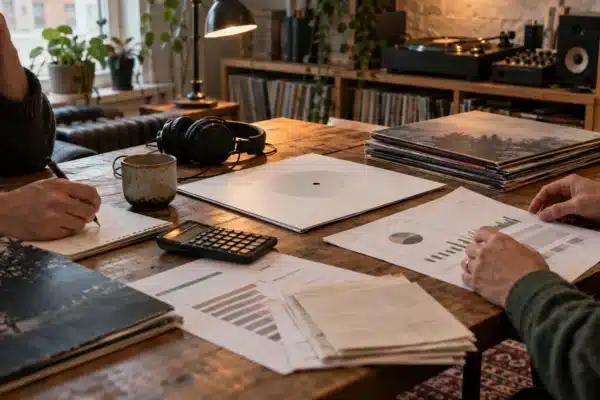 Independent label collaborators reviewing a release budget beside a vinyl test pressing in a small record-filled studio