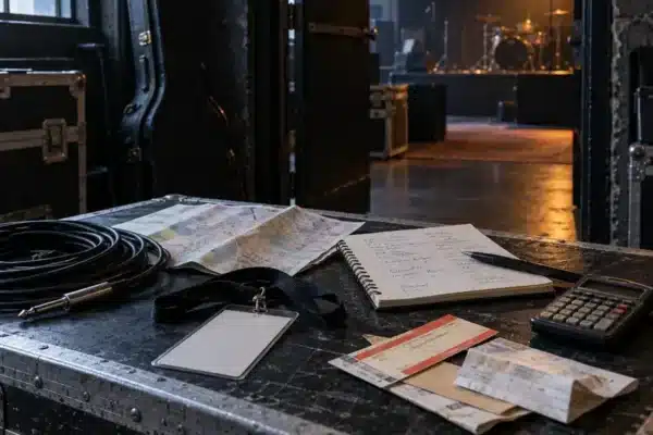 A touring case holding a map, blank pass, expense notebook and cables beside an empty showcase stage