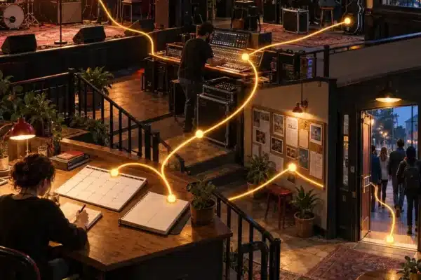 An independent music venue connected by a glowing route from a planning desk to the stage, control room and open doors