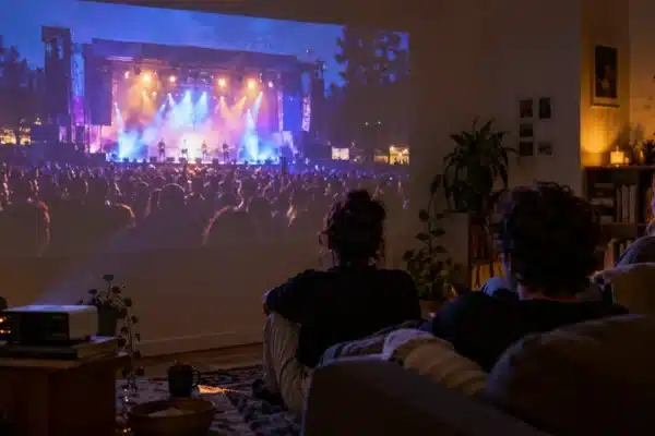 Three friends watching a projected outdoor festival livestream together in a dark living room