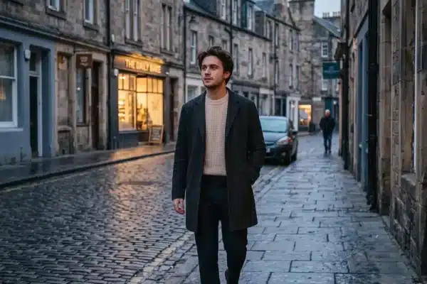 Osken walking along a rain-darkened city street in the soft light of early morning