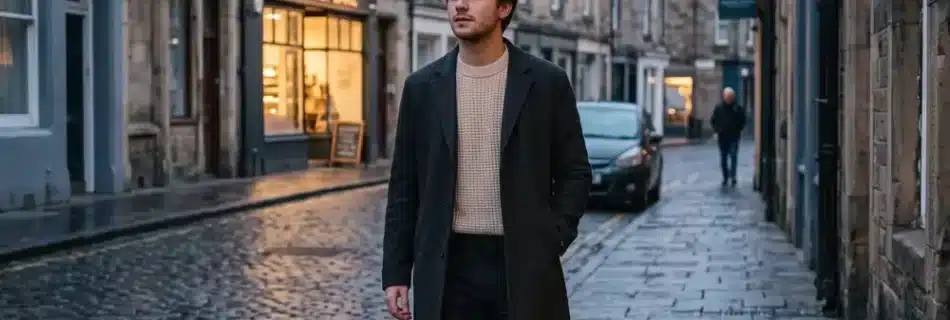 Osken walking along a rain-darkened city street in the soft light of early morning
