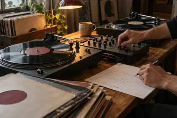 DJ adjusting a mixer and marking transition points beside two turntables and a stack of records